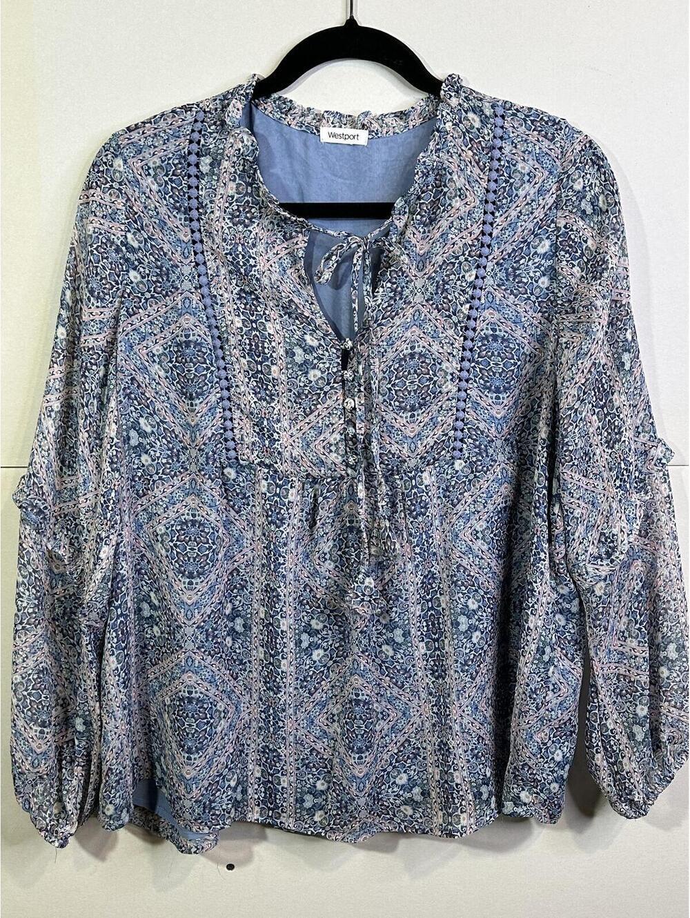 Westport Boho Paisley Peasant Blouse Blue Pink Tie Neck Roll Sleeve L